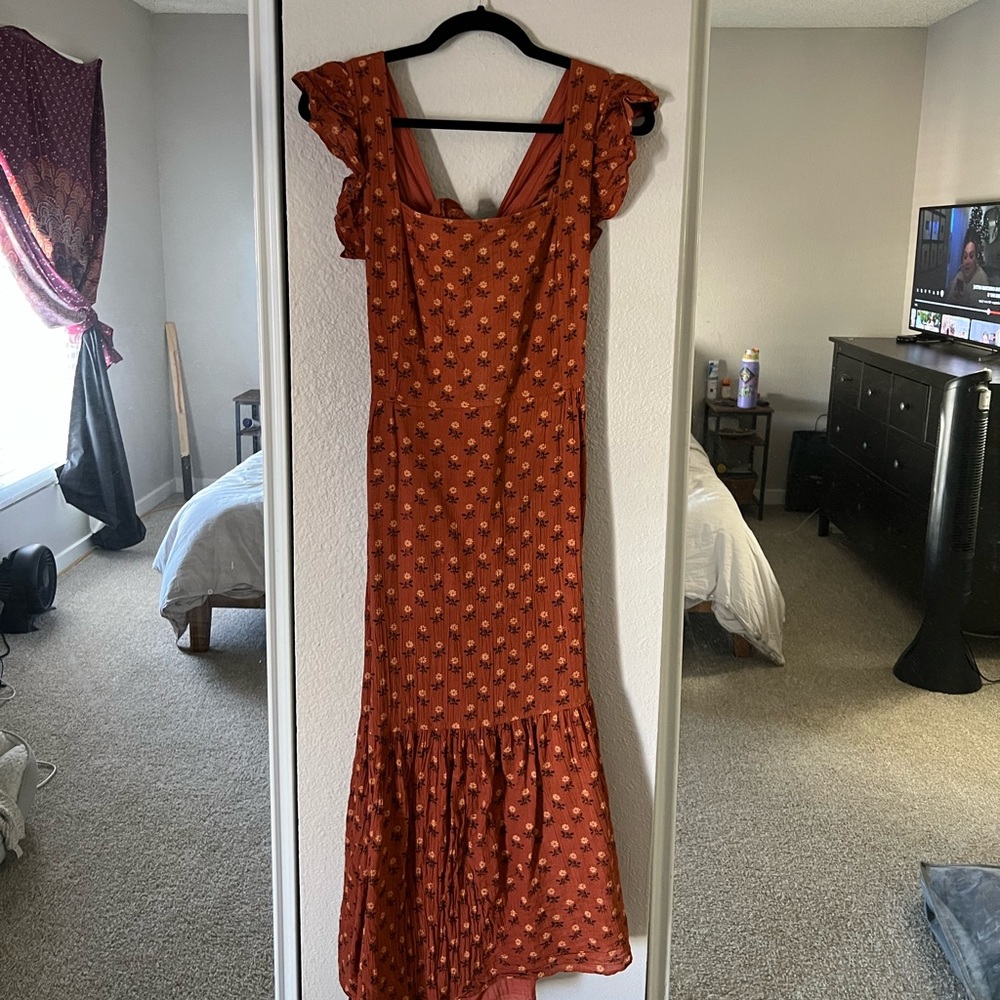 Rust Floral Maxi Dress with Ruffle Hem